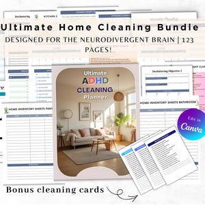 Könnte beinhalten: Ein Bundle aus druckbaren Haushaltsreinigungsplanern und Checklisten. Der zentrale Planer trägt den Titel "Ultimate ADHD Cleaning Planner" mit einer Wohnzimmerszene. Zusätzliche Seiten sind "Decluttering Objective 2" und "Home Inventory Sheets". Das Bundle ist für das neurodivergente Gehirn konzipiert.