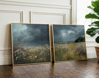 Stormy Meadow Printable Wall Art Set, Modern Moody Landscape Digital Download