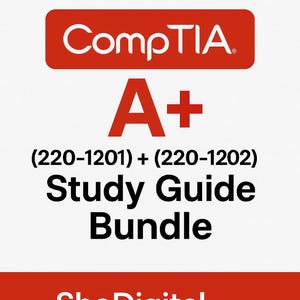 Pode incluir: Em um fundo branco, o texto "A+ Made Easy" e "Study Guide Bundle". Um retângulo vermelho contém o logotipo da CompTIA e as letras "A+". Abaixo, o texto diz "(220-1201) + (220-1202)". Na parte inferior, "ShoDigital Exam Series™".