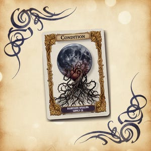 May include: A rectangular game card with a gold ornate frame featuring the text CONDITION at the top and AGGRESSIVE WIGGLING SUPPLY CO. at the bottom. The central illustration depicts a dark moon behind a gnarled tree with a red heart in its branches.
