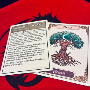 May include: Two fantasy-themed cards with text and illustrations. One card is labeled "Druidcraft" and features text describing various effects. The other card says "Druid Cantrip" and depicts a tree with a crescent moon.
