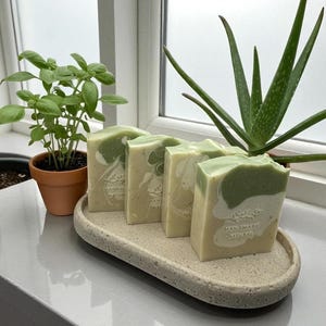 May include: Four handmade natural soap bars with a green and white swirl design are displayed on a speckled, oval tray. The soaps are next to a small basil plant in a terracotta pot and an aloe vera plant.