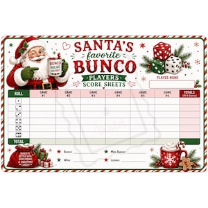 May include: A rectangular Bunco score sheet featuring Santa Claus holding a mug that reads BUNCO HO HO HO. The design includes red and green dice, a red gift bag with text, a red mug with a snowflake, and a gingerbread man on a white background.