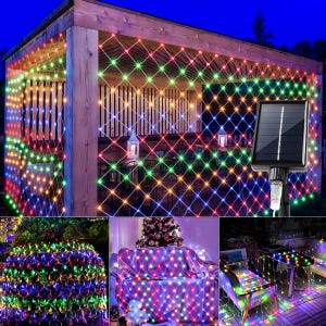 May include: A multi-coloured LED net light set with a solar panel. The lights are red, green, and blue, and are shown draped over a wooden structure and other outdoor settings. The lights are designed to create a festive atmosphere.