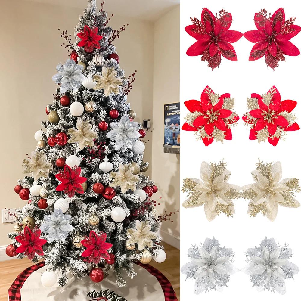 12 Pezzi Fiori Natalizi Artificiali Glitterati Oro E Rosso Per Albero Di Natale - Con Clip Metalliche E Steli - Decorazioni Fai Da Te Per Ghirlande E Centrotavola