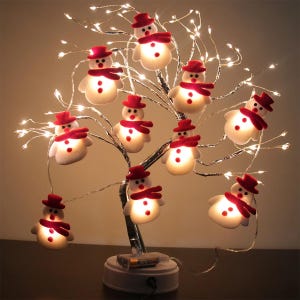 Puede incluir: Un árbol de Navidad decorativo con pequeños adornos de muñecos de nieve brillantes. Cada muñeco de nieve tiene un sombrero rojo, bufanda y ojos de botón. El árbol está iluminado por pequeñas luces blancas, creando un ambiente festivo.