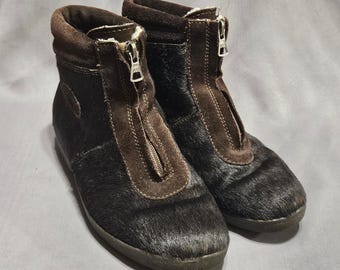 Tecnica Vintage Pony Hair Suede Ankle Boots Black Brown Made in Italy Womens 38