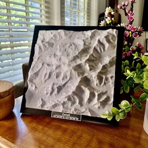 May include: A framed, three-dimensional relief map of Denali, Alaska, in a black frame. The white, textured map depicts the mountain's topography. The text "Denali" and coordinates are at the bottom of the frame.