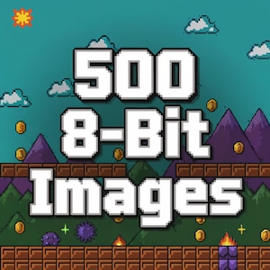 以下が含まれることがあります： 「500 8-Bit Images」のテキストが入った、8ビットスタイルのデジタルグラフィック。背景は、ピクセル化された雲、山、コインのあるターコイズブルーの空。紫色の生き物、火、その他の要素があるピクセル化されたプラットフォーム。
