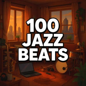 Puede incluir: Ilustración de una habitación con instrumentos musicales y el texto "100 JAZZ BEATS". Se ven un saxofón, una trompeta, una batería y un portátil. La habitación tiene un ambiente cálido con un paisaje urbano visible a través de las ventanas.