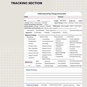 Puede incluir: Un formulario de notas clínicas para terapia de juego centrada en el niño, con casillas de verificación para la evaluación, el seguimiento de la intervención y la planificación del tratamiento. El formulario incluye secciones para la información del cliente y resúmenes de la sesión.