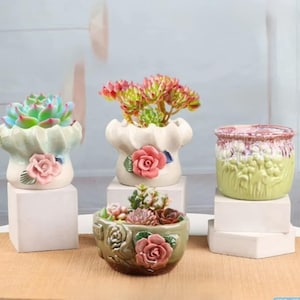 May include: A collection of ceramic flower pots, each with a unique design and filled with succulents. The pots feature various colors, including green, white, and brown, and are adorned with rose-shaped embellishments. The succulents display shades of green, pink, and red.