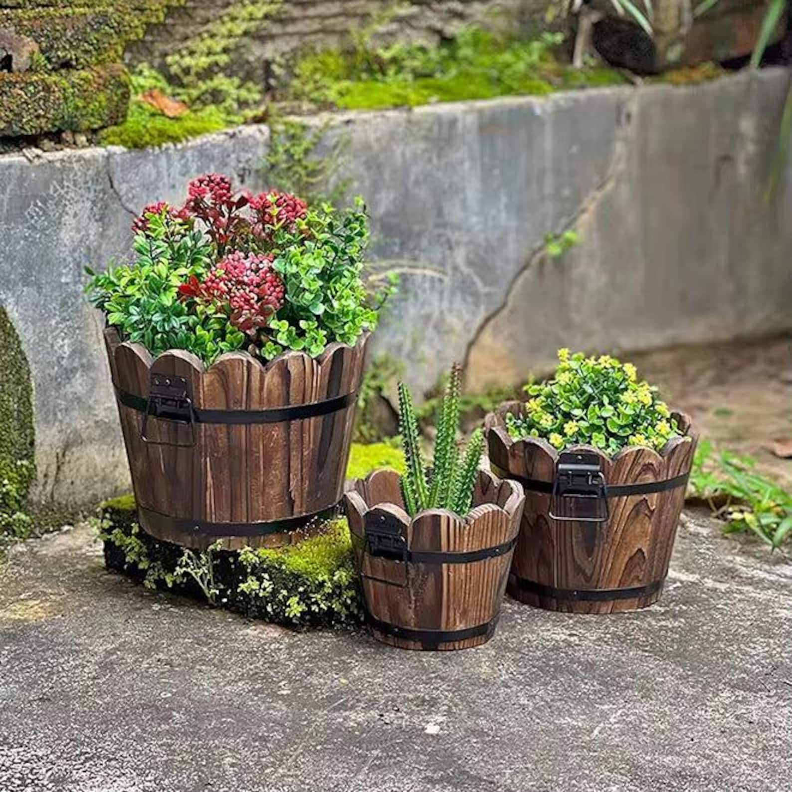 Rustic Wavy Wooden Barrel Planter - Etsy