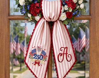 Embroidered America 250 Years Fireworks Wreath Sash, Custom 4th Of July Flag Bow, Personalized Semiquincentennial Front Door Decor