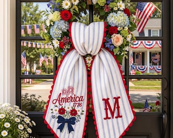 Embroidered Custom America 1776 Wreath Bow, Personalized 4th Of July Door Sash, Patriotic Gingham Holiday Decor, Independence Day Gift