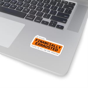May include: A rectangular sticker with the text "STATUS: FINANCIALLY EXHAUSTED PLEASE DO NOT ADD NEW PROBLEMS" in white and orange. The sticker is on a silver laptop.