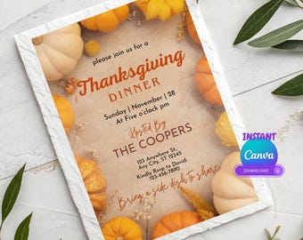 Rustic Thanksgiving Invitation Template | Fall Pumpkin Dinner Invite | Editable Canva | Friendsgiving Party Printable | Instant Download