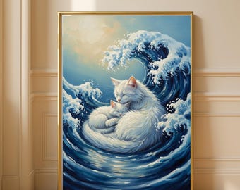Mutter und Kätzchen Wandkunst, Große Welle inspirierte Katzen Illustration, Gemütliche Katze Druck für Kinderzimmer Dekor, Japanische Welle Katzen Kunst, Wabi Sabi Wandkunst
