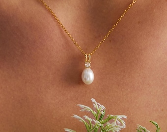 Freshwater Pearl Necklace With Diamond,Single Pearl Necklace,Wedding Necklace,Bridal Necklace,Bridesmaid Gifts,Gift for Mom,Christmas Gift