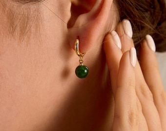 Gold Jade Hoop Earrings,Natural Jade Drop Earrings,Green Gemstone Huggie Earrings,Wedding Earrings,Bridal Jewelry,Mother's Day Gifts