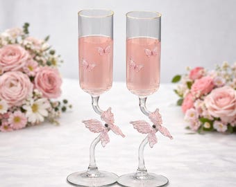 Calici da vino a forma di farfalla realizzati a mano, flûte da champagne floreali romantiche, set per brindisi di nozze
