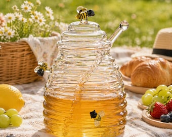 Glass Beehive Honey Jar with Dipper, Bee Theme Kitchen Decor
