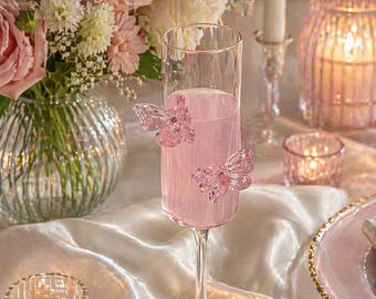 Butterfly Champagne Glass, Elegant Pink Wine Drinkware, Bridal Shower Party Decor
