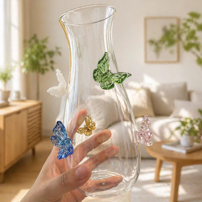 May include: A clear glass vase with a flared top and a series of colorful butterfly accents. The butterflies are in shades of white, green, blue, gold, and pink. The vase is held in a person's hand.