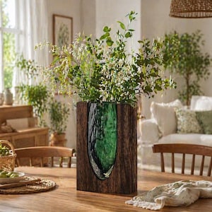 Op de afbeelding: Een decoratieve vaas met een donkerhouten buitenkant en een getextureerde, smaragdgroene glazen binnenkant. De vaas is gevuld met groen gebladerte en witte bloemen. De vaas staat op een houten tafel in een goed verlichte kamer.
