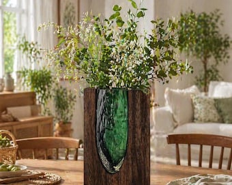 Vaso in vetro verde fatto a mano, cornice in legno, decorazione rustica moderna, centrotavola, regalo per l'inaugurazione della casa.