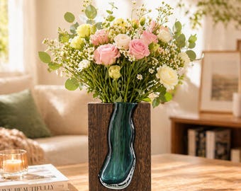 Handmade Wood and Green Glass Vase, Modern Rustic Home Decor Centerpiece