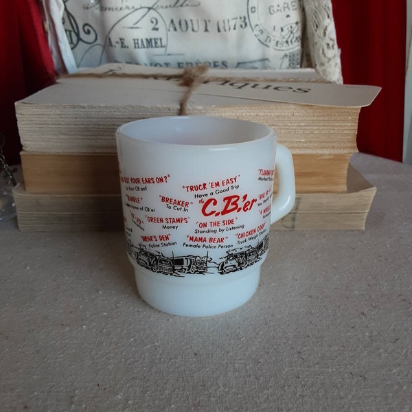 Vintage Fireking CB'er Coffee Mug 1950's Semi-truck Milk Glass Man Cave Signs