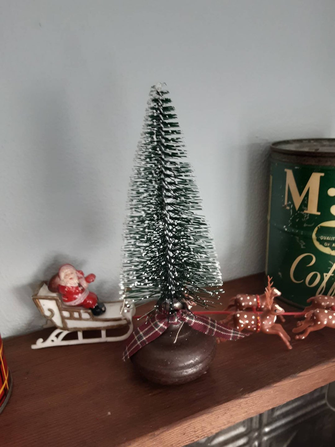 Christmas Bottle Brush Tree Salvaged Doorknob Flocked Tree Etsy