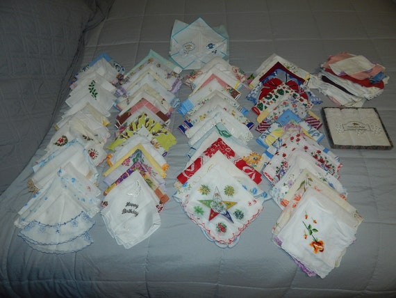 Huge Lot of 75 Nice Vintage Hankies & 28 Cutter Ha