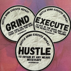 Pack of 3 Durable Motivational Waterproof Sticker Decals: "Hustle," "Grind," and "Motivate"