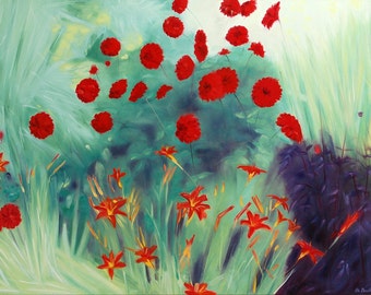 Flowers Red in Wild Garden - Large Canvas Print - Ltd Edition