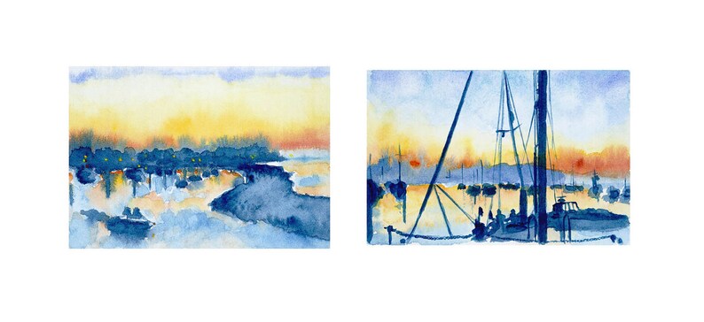 Nautical Prints of Isle of Wight Sailing Boats With Sunset Harbour Light 2 & 3 Ltd Edition image 1