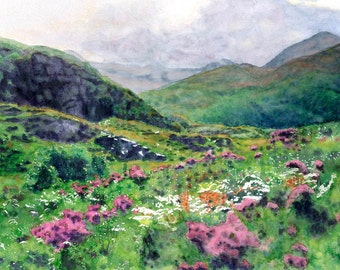 May include: Watercolor painting of a mountain landscape with green hills and a valley filled with pink and white wildflowers. The sky is overcast, and the overall scene is serene.