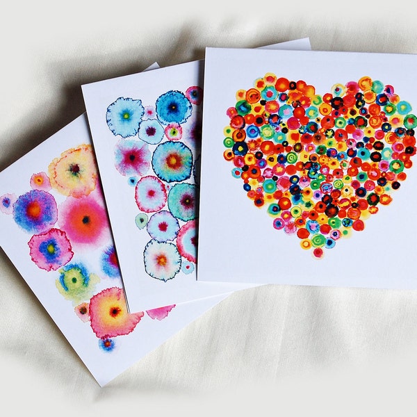 Greeting Cards Abstract Colorful Art x 3 - Heart and Turquoise Pink Circles