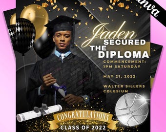 Male Graduation Flyer | Black & Gold Graduation Party | Grad Program | Canva Template | Digital Editable Canva Template | Instant Download