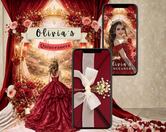 Red Quinceaneara Save The Date Invitation with Music Sweet 15 Birthday Digital Invitation Canva Template