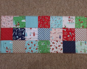 Quilted Christmas table runner - pixie rabbit bunny red white green blue navy pink