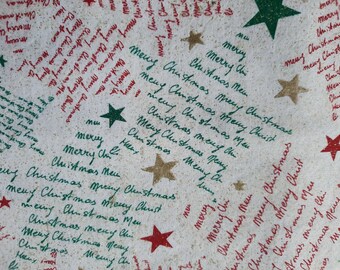 Christmas table runner - stars words Merry Christmas green beige red gold