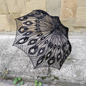 Black Crochet Umbrella, Victorian Parasol, Crochet Goth Umbrella, Steampunk Umbrella, Wedding Accessories, Black Lace Goth Parasol image 3