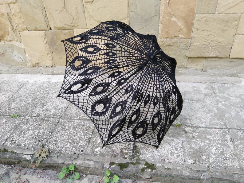 Black Crochet Umbrella, Victorian Parasol, Crochet Goth Umbrella, Steampunk Umbrella, Wedding Accessories, Black Lace Goth Parasol image 3