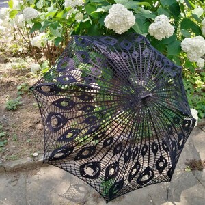 Black Crochet Umbrella, Victorian Parasol, Crochet Goth Umbrella, Steampunk Umbrella, Wedding Accessories, Black Lace Goth Parasol image 7