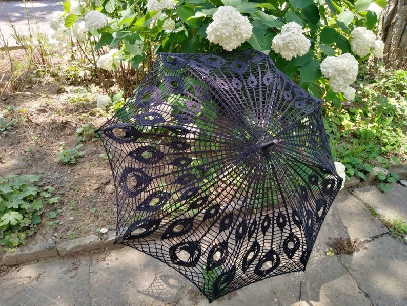 Black Crochet Umbrella, Victorian Parasol, Crochet Goth Umbrella, Steampunk Umbrella, Wedding Accessories, Black Lace Goth Parasol image 7