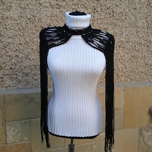 Macrame Shoulder, Macrame Festival Costume, Macrame Tassel, Macrame Epaulets, Black Shoulder Necklace, Fringe Outfit, Shiny Beach Cover Up