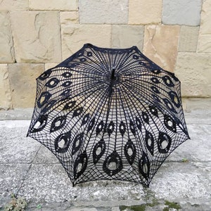 Black Crochet Umbrella, Victorian Parasol, Crochet Goth Umbrella, Steampunk Umbrella, Wedding Accessories, Black Lace Goth Parasol image 5