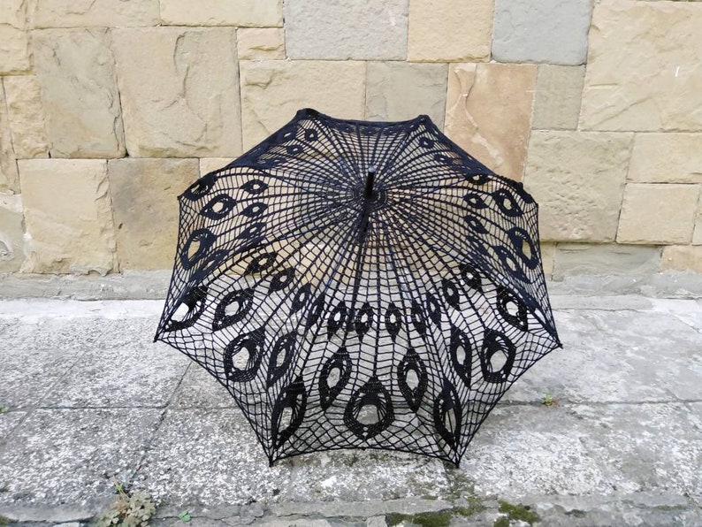 Black Crochet Umbrella, Victorian Parasol, Crochet Goth Umbrella, Steampunk Umbrella, Wedding Accessories, Black Lace Goth Parasol image 5